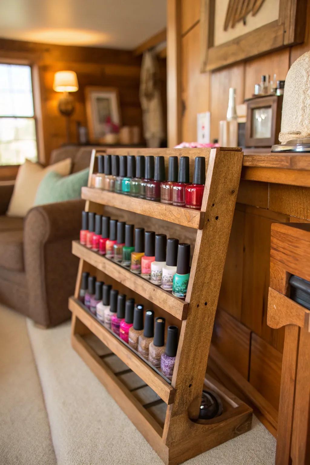 A spice rack repurposed for nail polish makes a quirky yet functional statement.