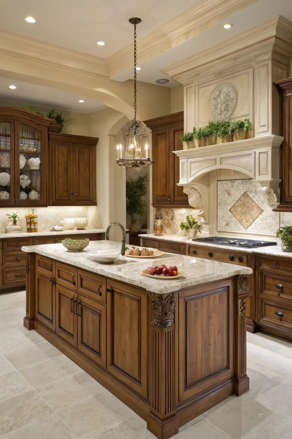 A warm kitchen featuring rich wood tones and creamy accents.