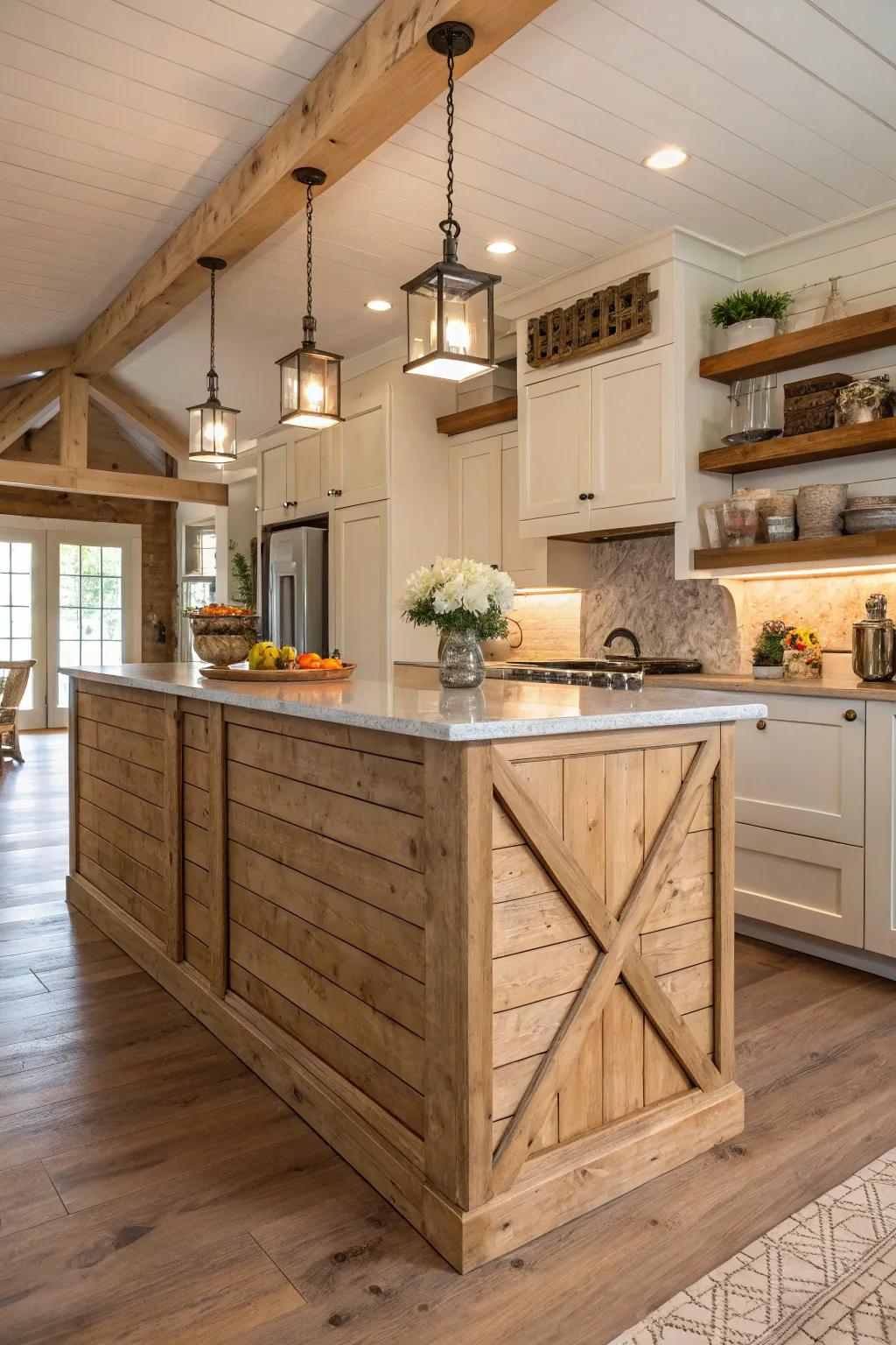 A rustic kitchen peninsula featuring a shiplap base.