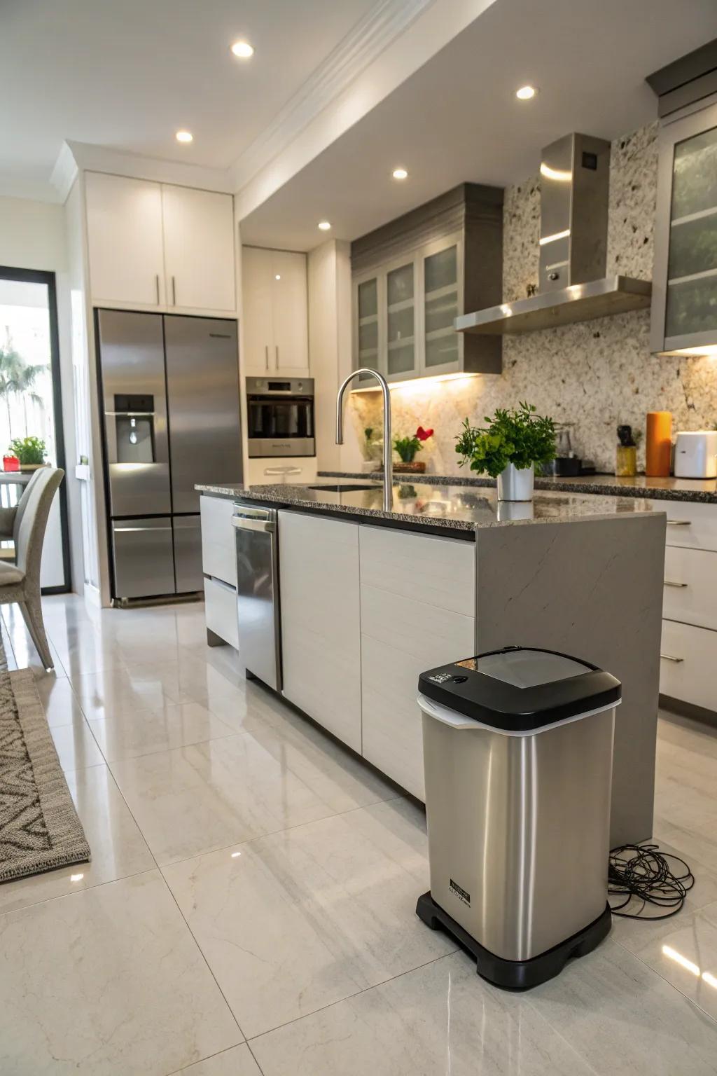 A hands-free step-on pedal trash can in a busy kitchen.