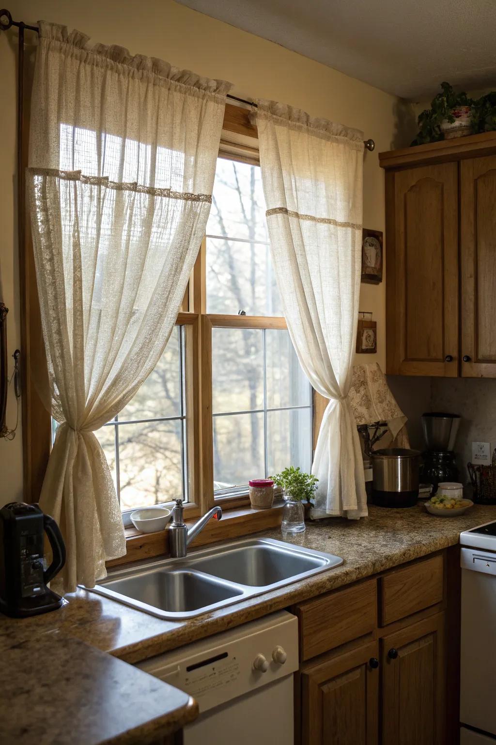 A soft curtain panel adds charm and warmth to the kitchen.