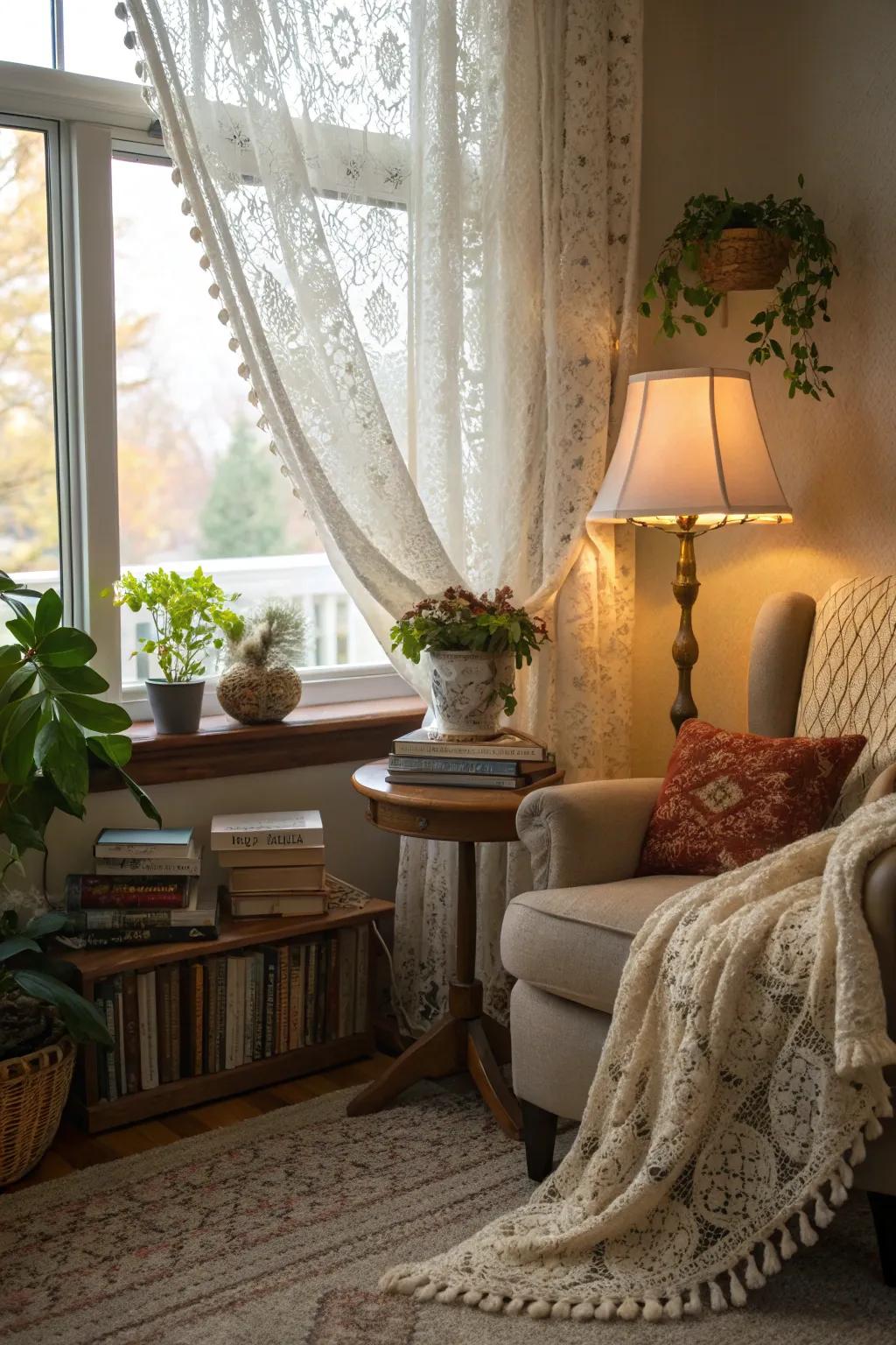 A cozy nook framed by delicate lace curtains.