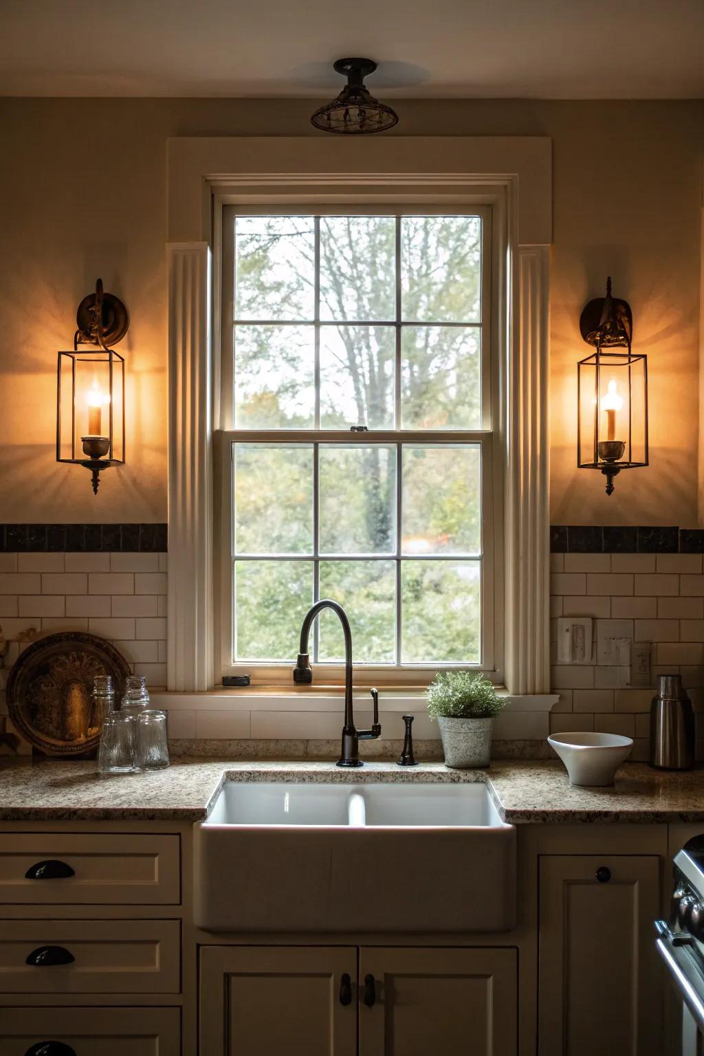 Wall sconces add elegance and symmetry to the kitchen sink area.