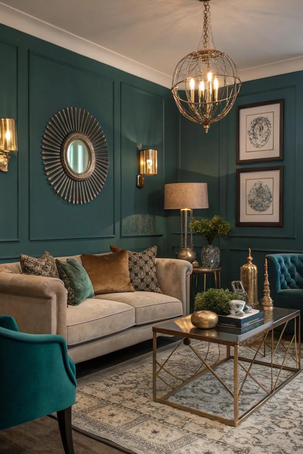 Dark teal walls add depth and drama to this cozy living room.