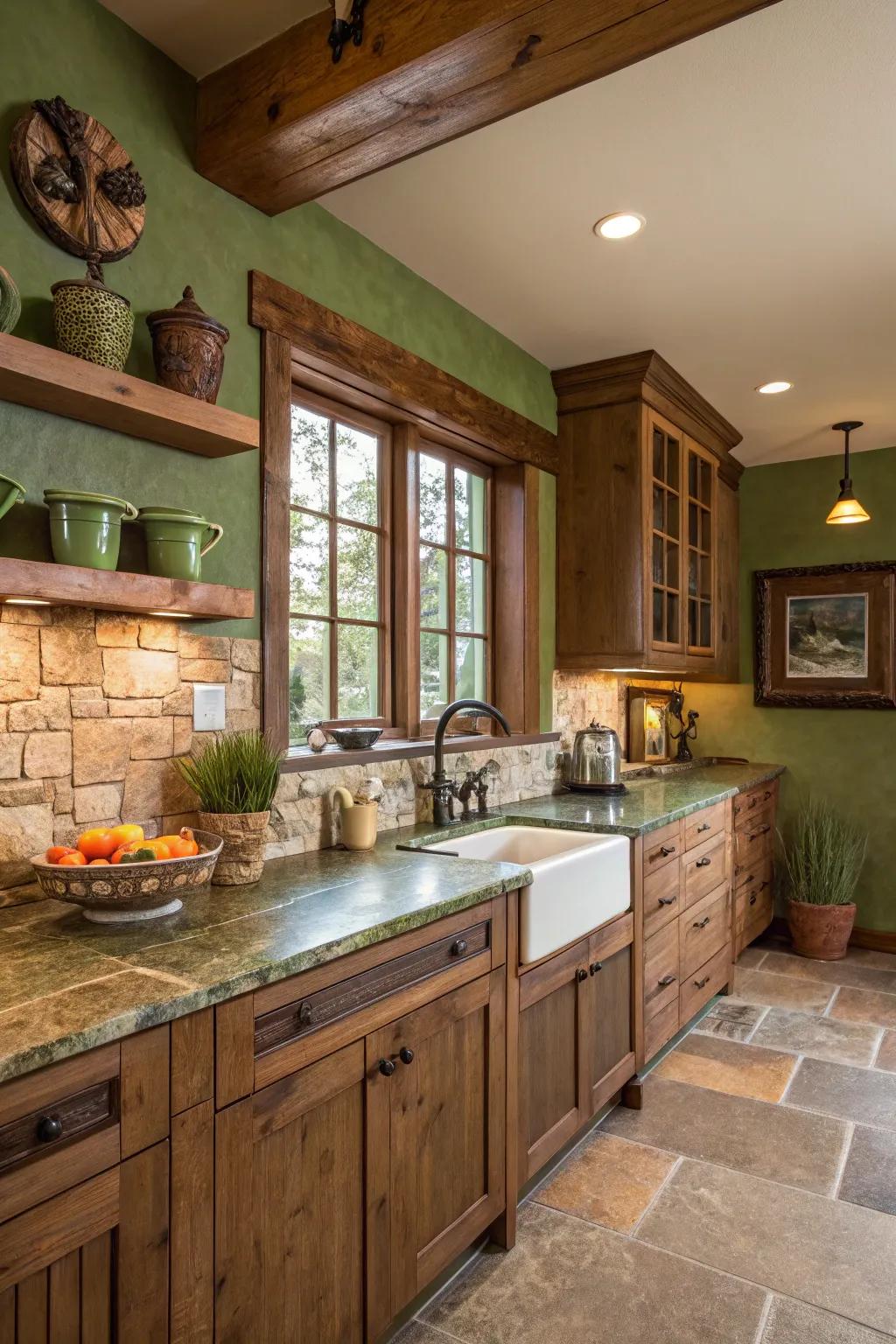 Earthy greens create a calming and natural kitchen environment.