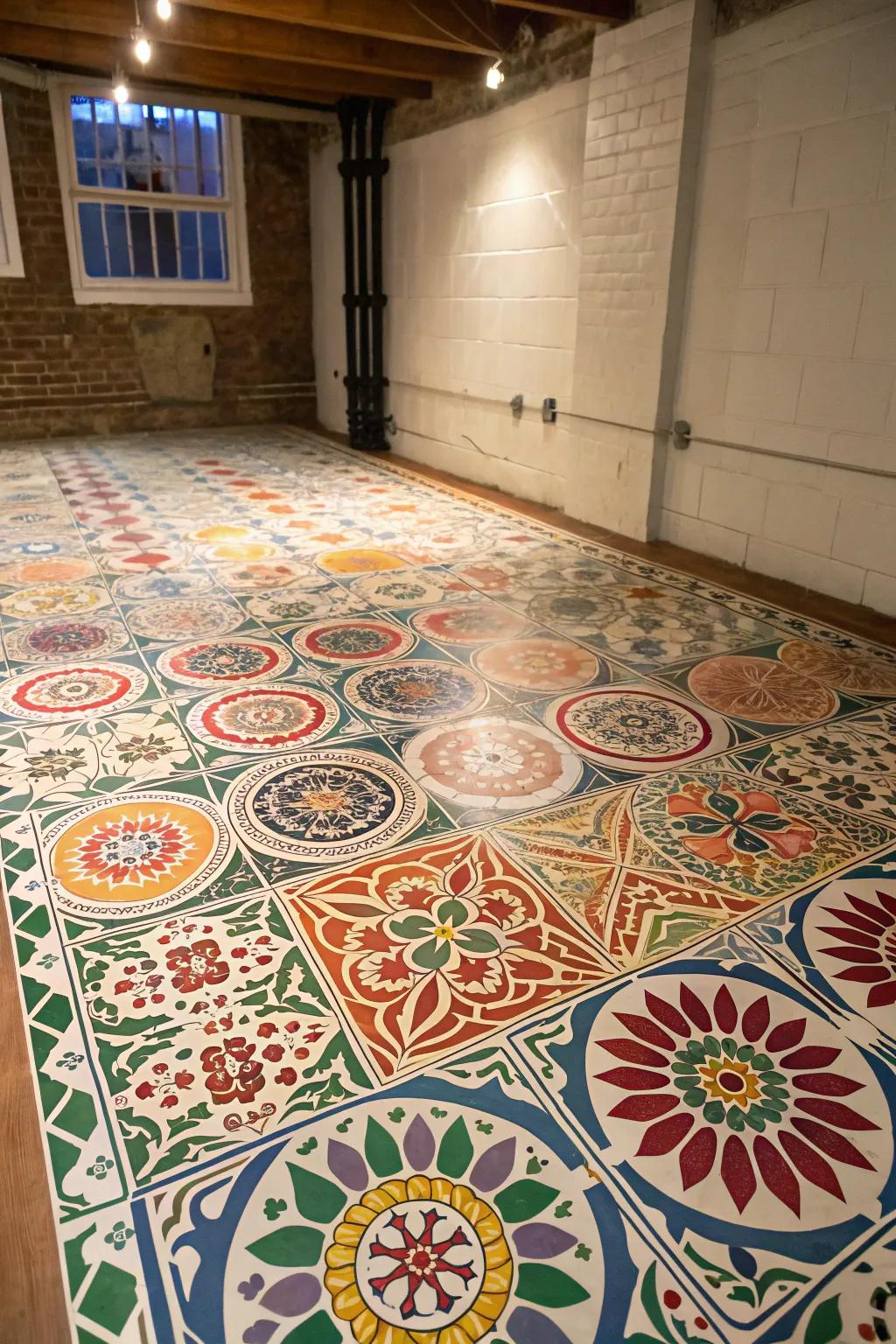 Stenciling can elevate your basement floor with intricate patterns.