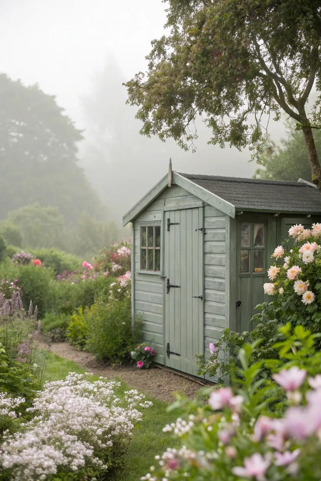 A shed in misty morning grey, creating a dreamy garden retreat.