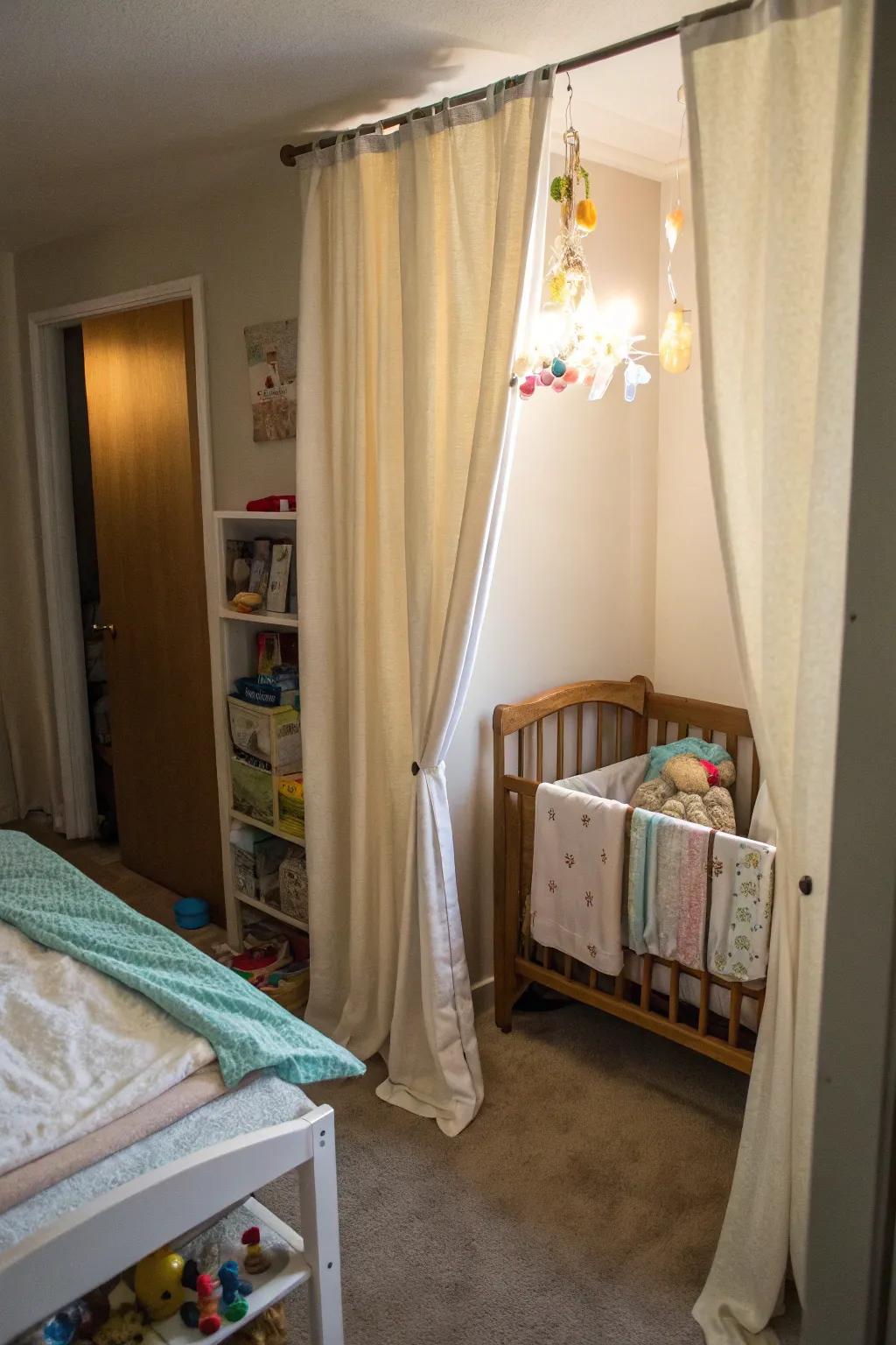 Soft curtains creating a private nook for the baby in a small room.