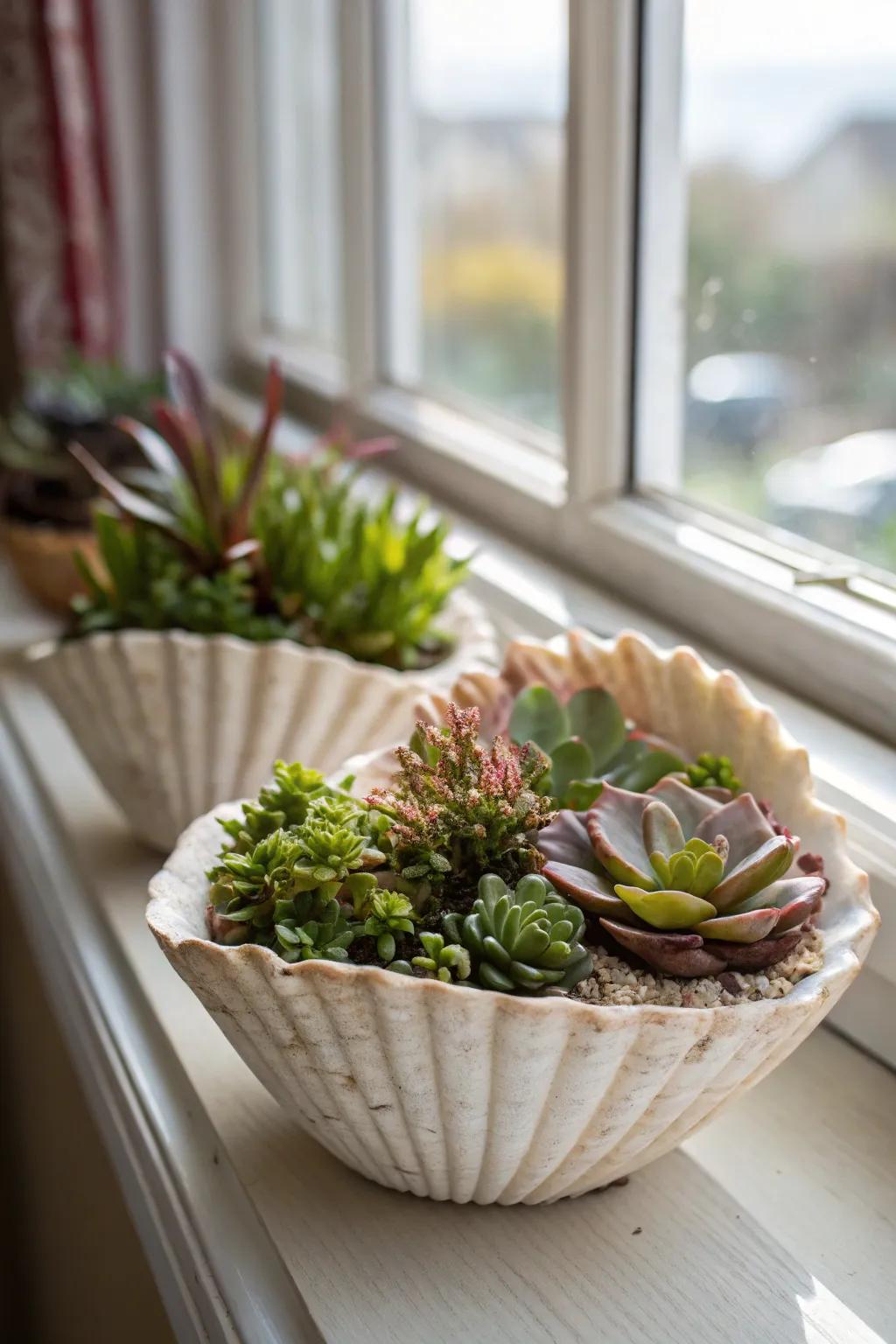 Seashells make unique and stylish succulent planters.