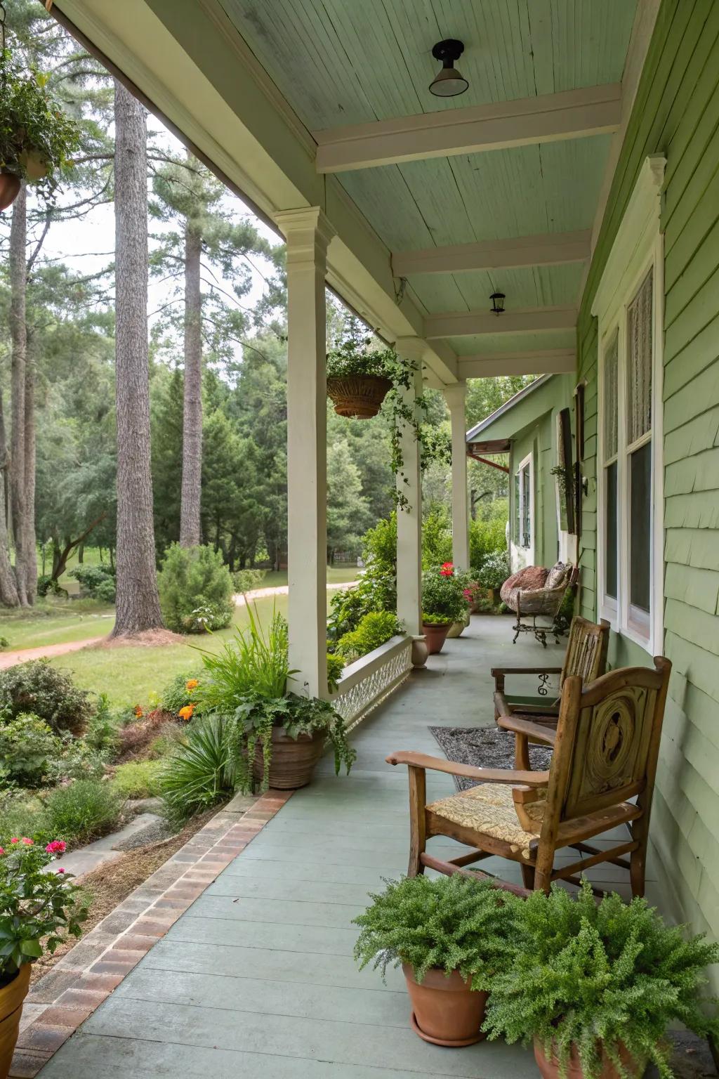 A nature-inspired green porch connects beautifully with its surroundings.