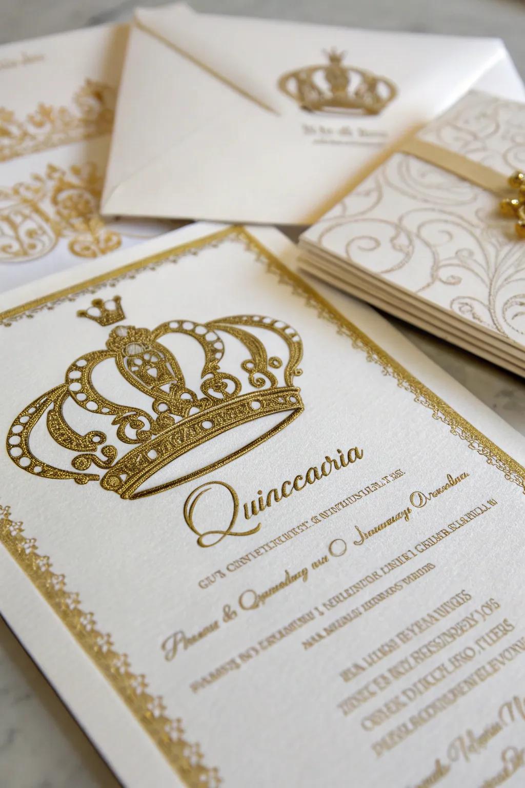 A regal quinceañera invitation with a gold crown design