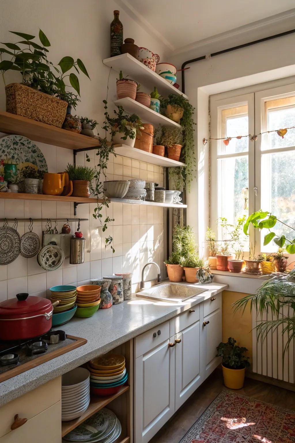 Open shelving in a small kitchen, providing both style and functionality.