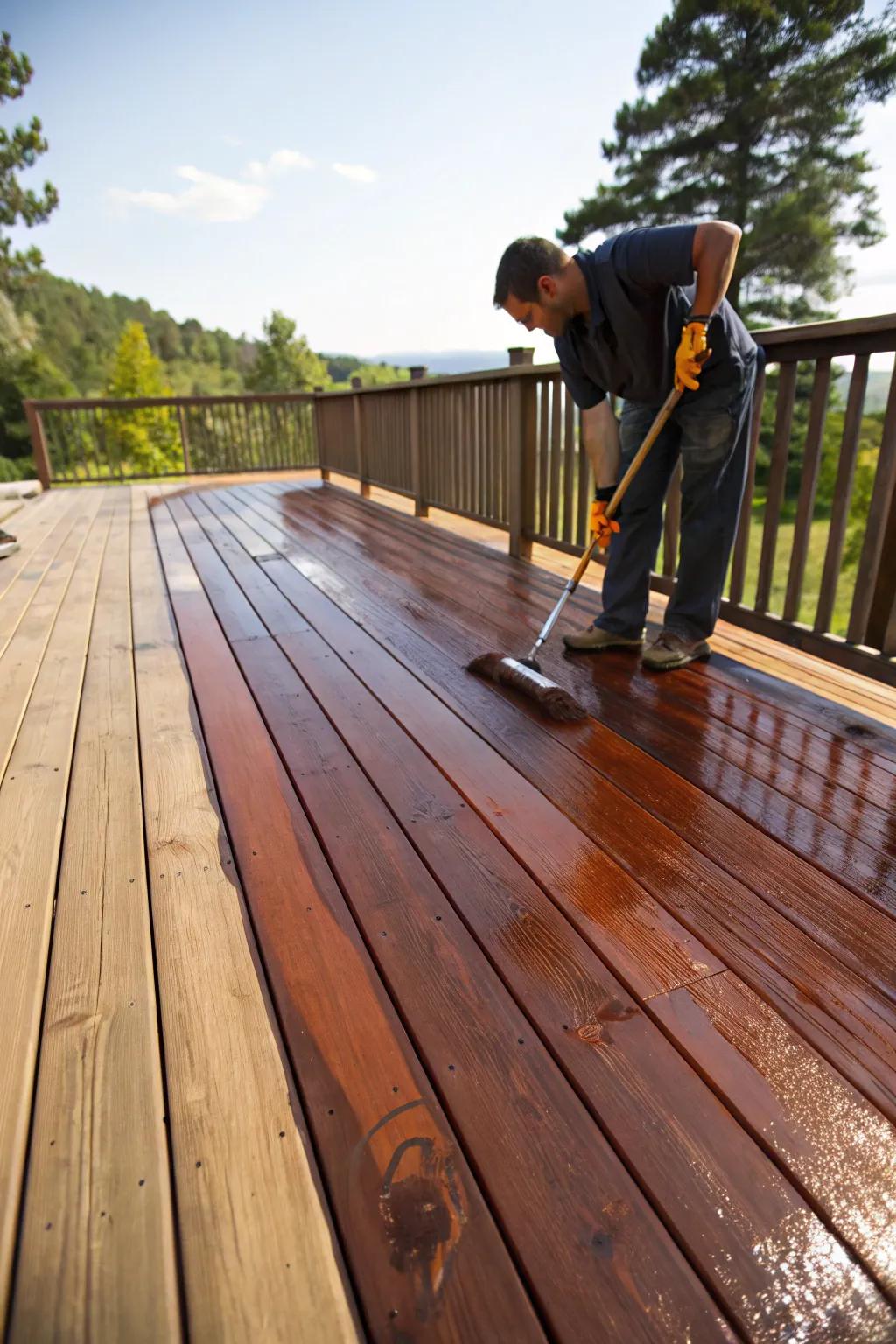 Applying a fresh coat of stain to revitalize a deck's appearance.