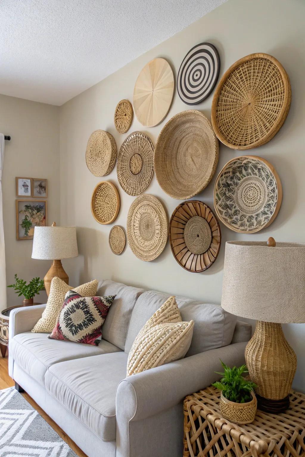 Woven baskets add rustic charm to any wall.