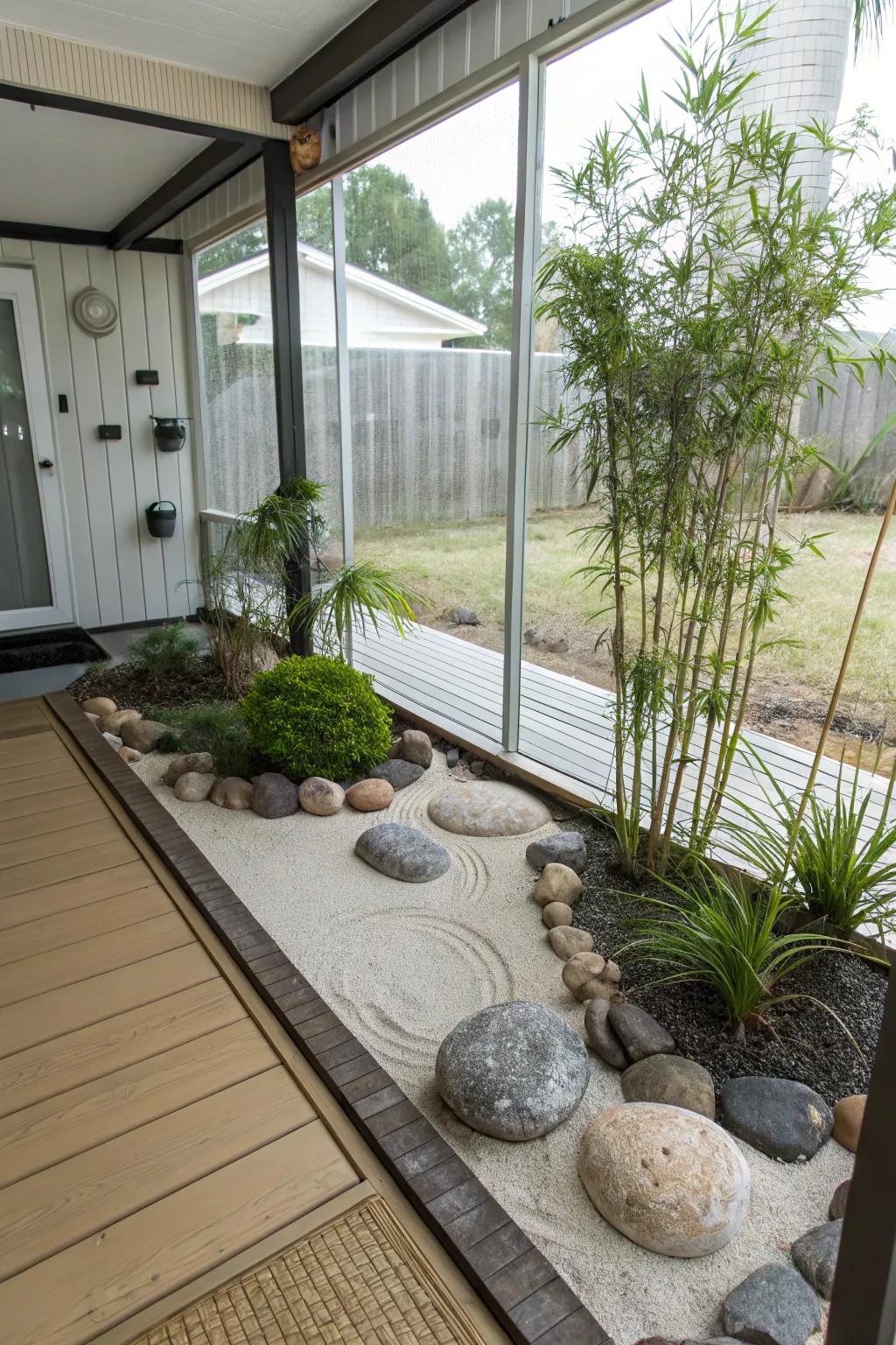 A Zen garden corner offers peace and tranquility right on your porch.