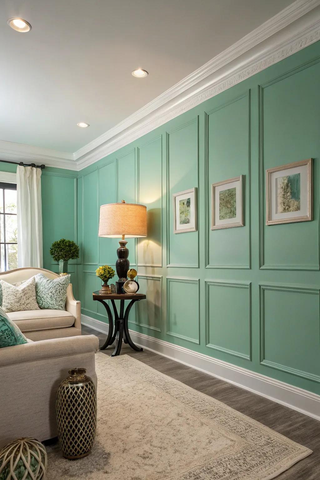 A striking seafoam green accent wall adding depth and character to the room.