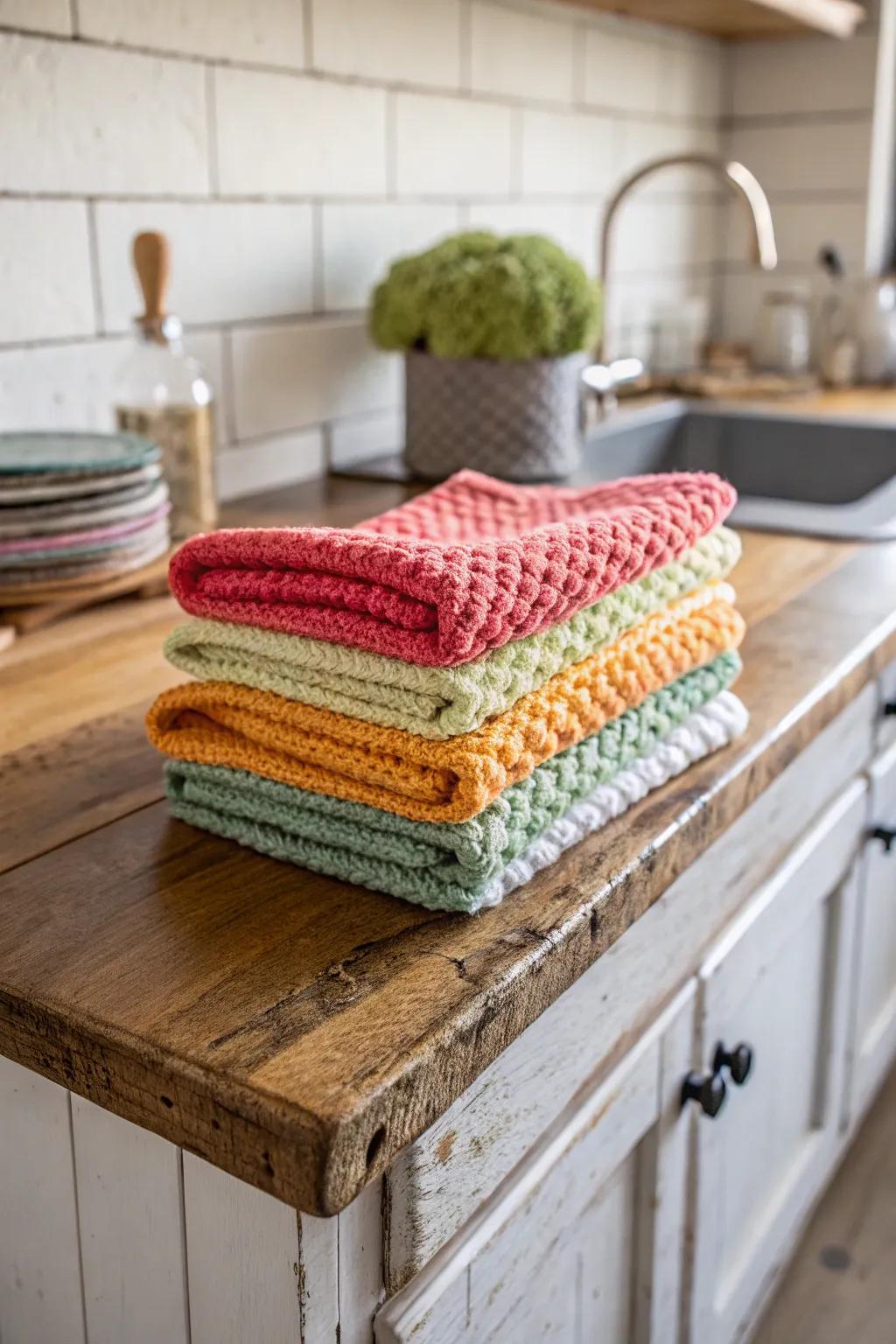 Handmade knitted dishcloths ready to add charm to your kitchen.