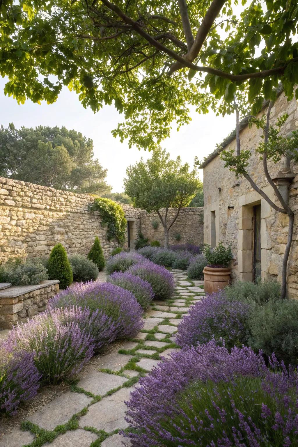 A small courtyard garden featuring lush lavender bushes in full bloom.