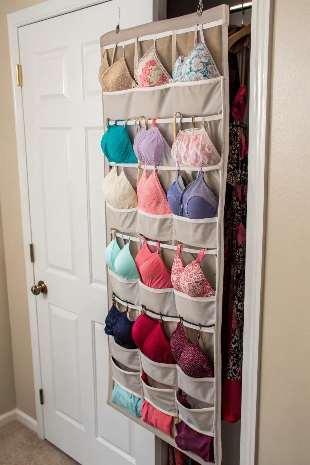 A shoe organizer repurposed for bra storage maximizes space.