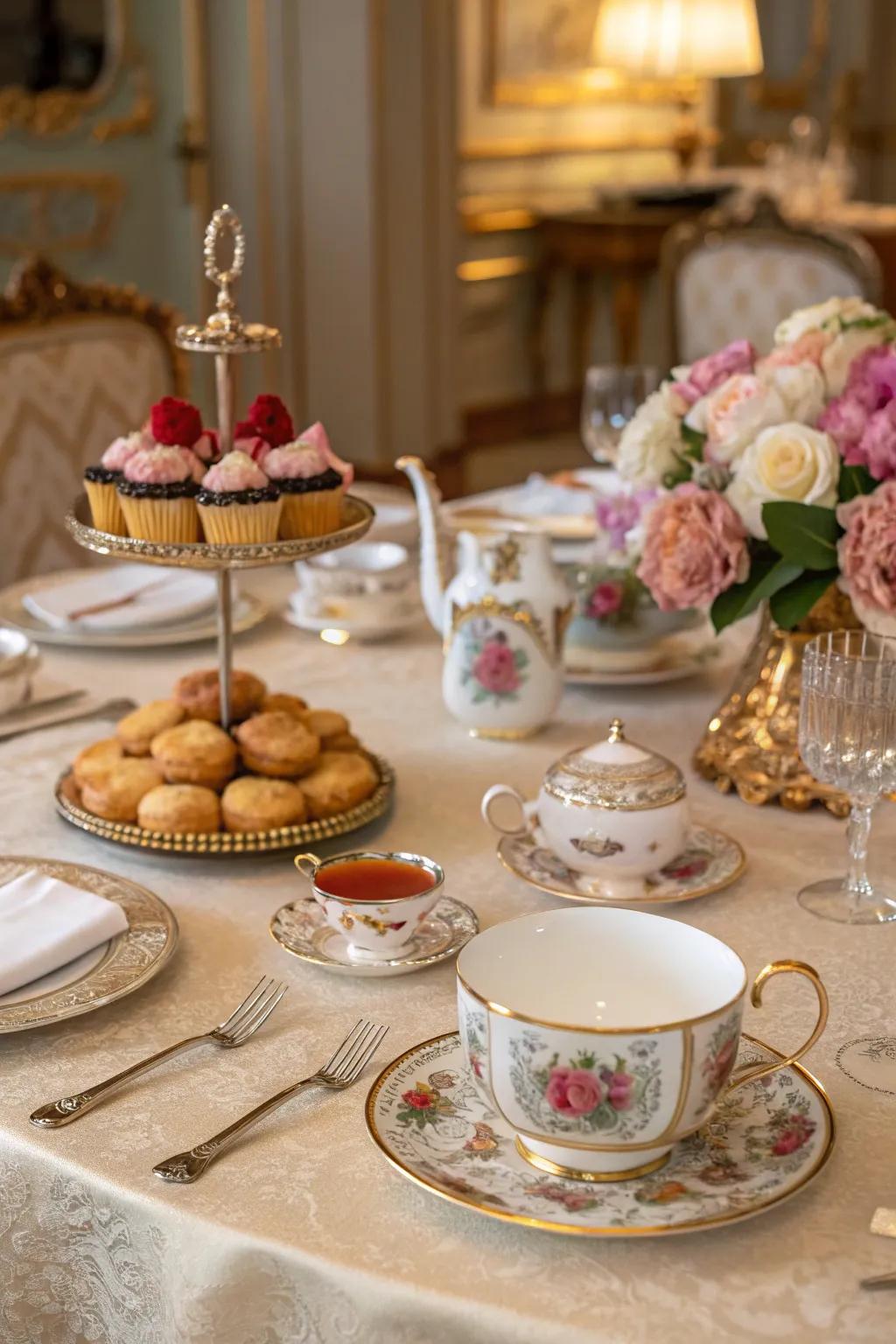 Royal-themed tea party with opulent decor.