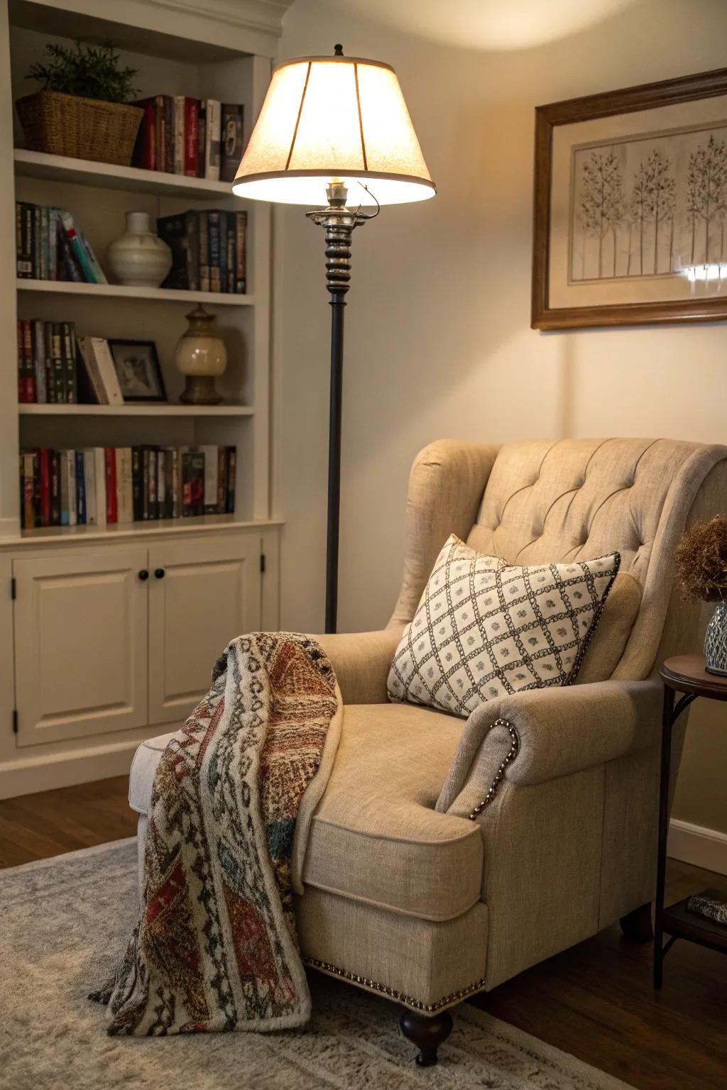 A transitional floor lamp creates a cozy reading nook.