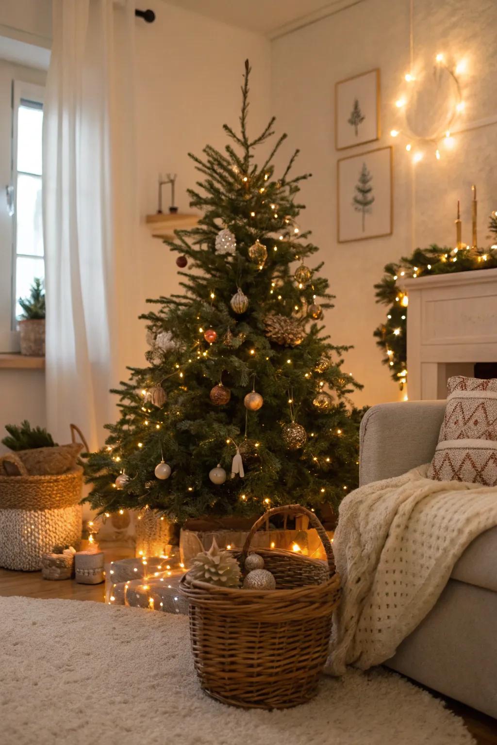 A rustic basket adds charm and warmth to your tree display.