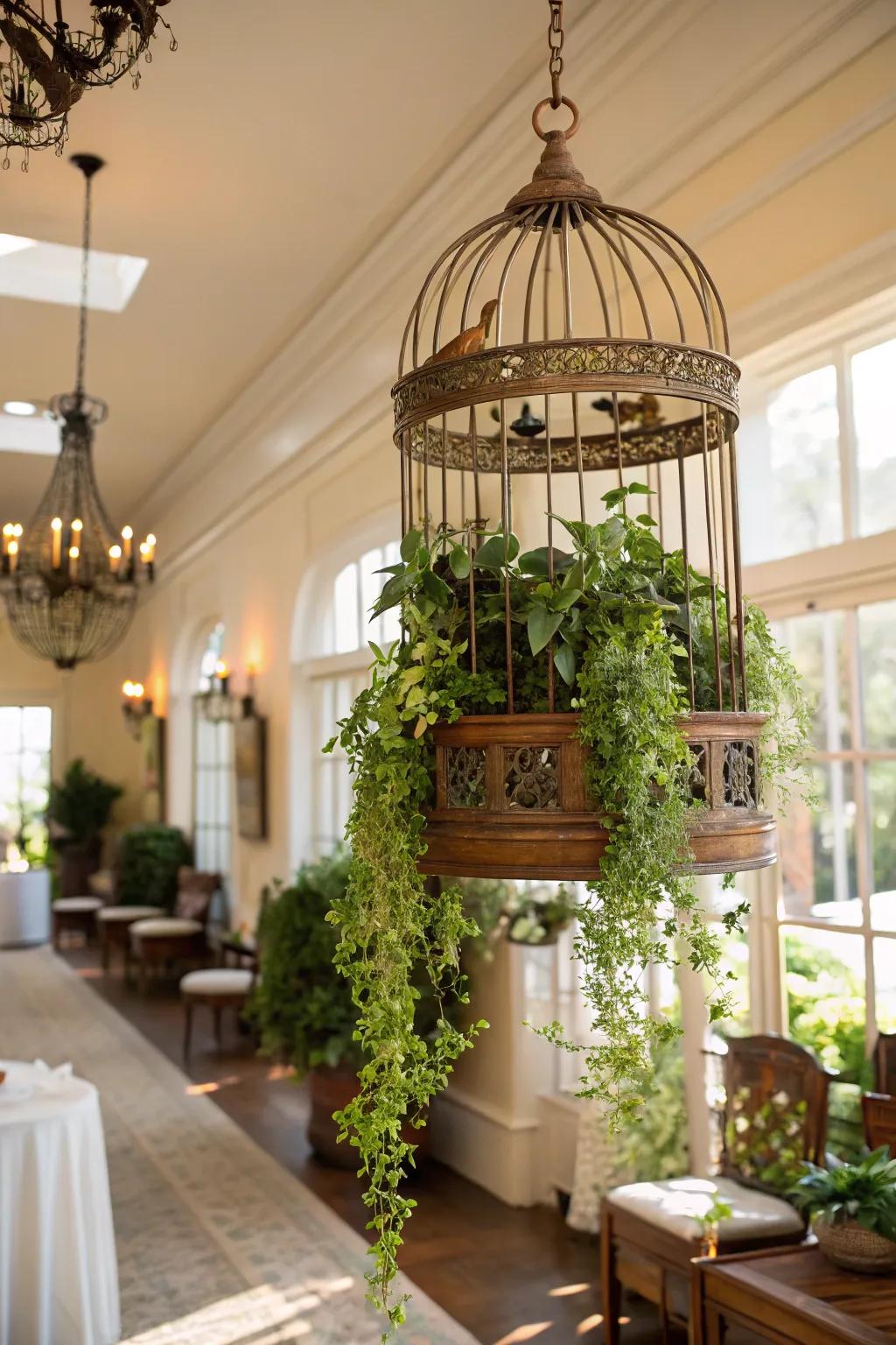 A birdcage planter creates a whimsical garden display.