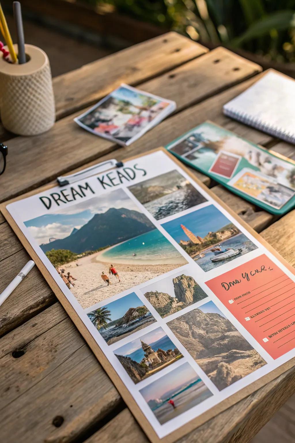 A vision board that fuels a child's adventurous spirit and travel dreams.