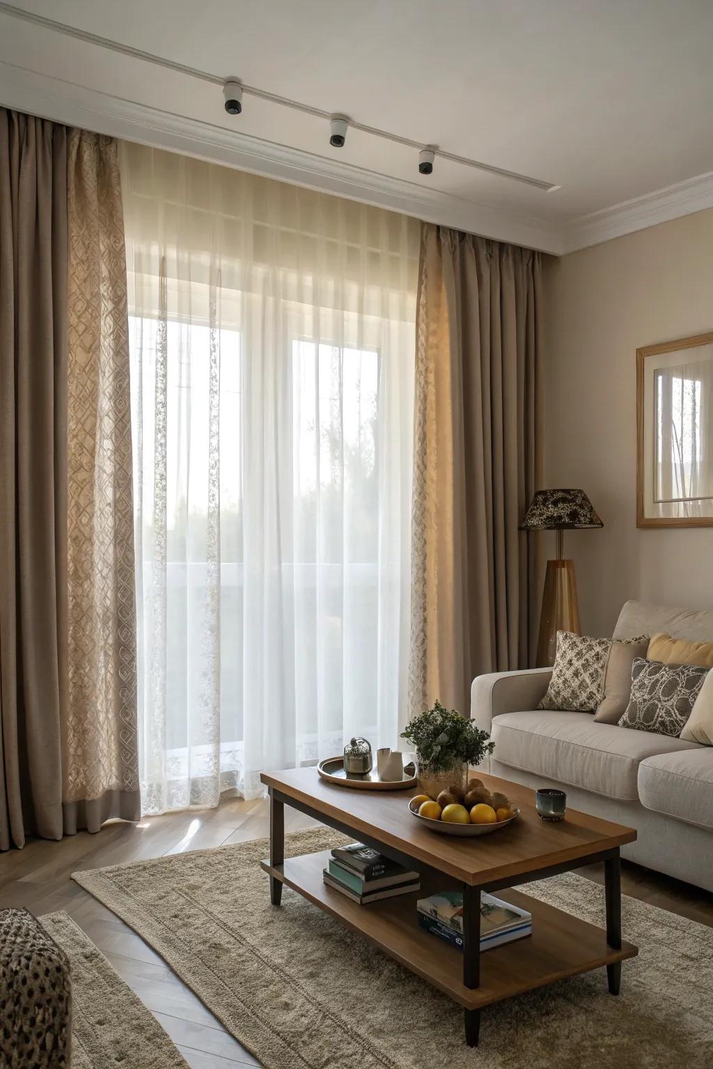 Enhance your living room ambiance with elegant crossover curtains.