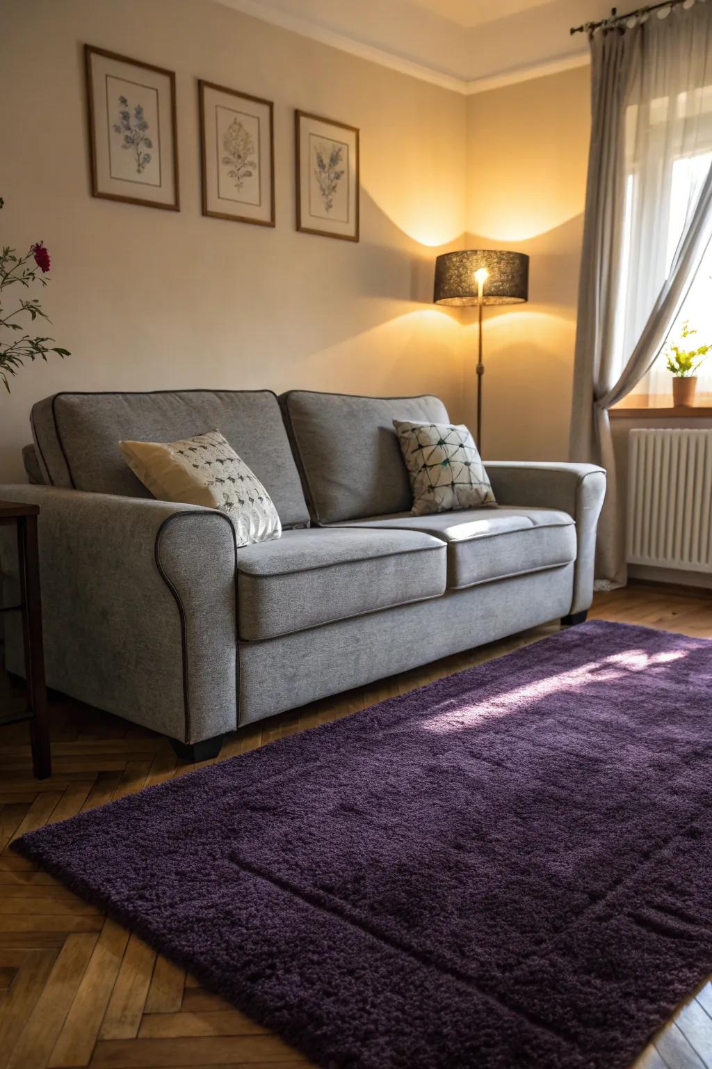 Dark purple rugs provide a bold, luxurious contrast to a grey couch.