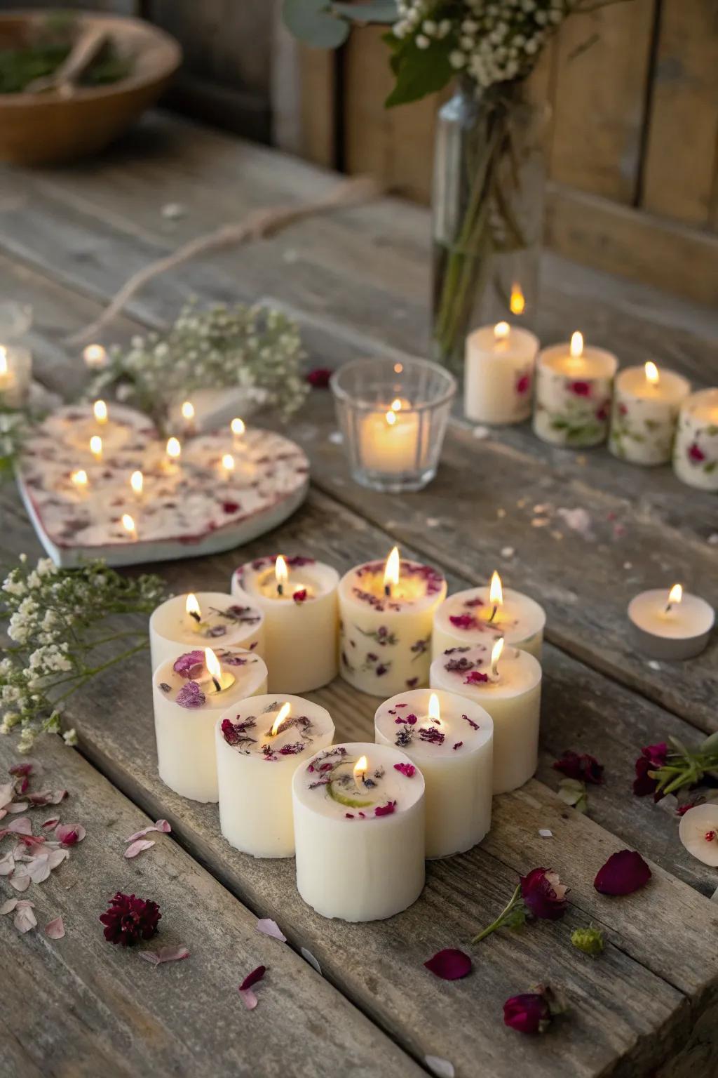 Handmade candles featuring embedded dried flower petals from a wedding bouquet, displayed on a rustic table.