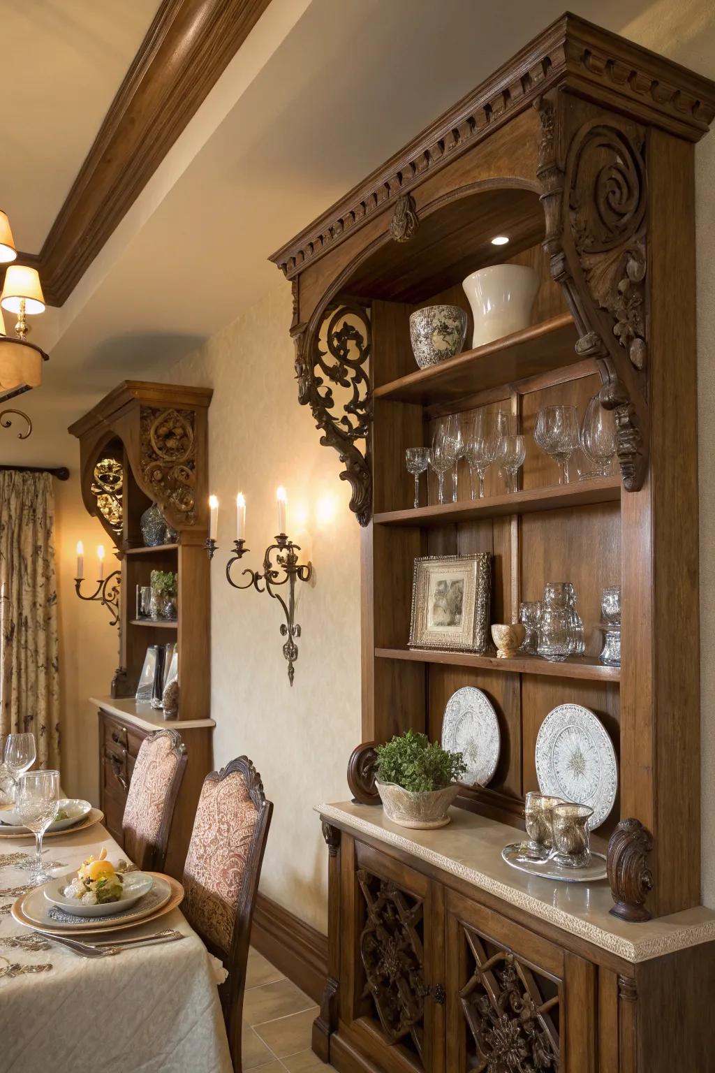 Elegantly carved wooden shelf brackets add a touch of sophistication.