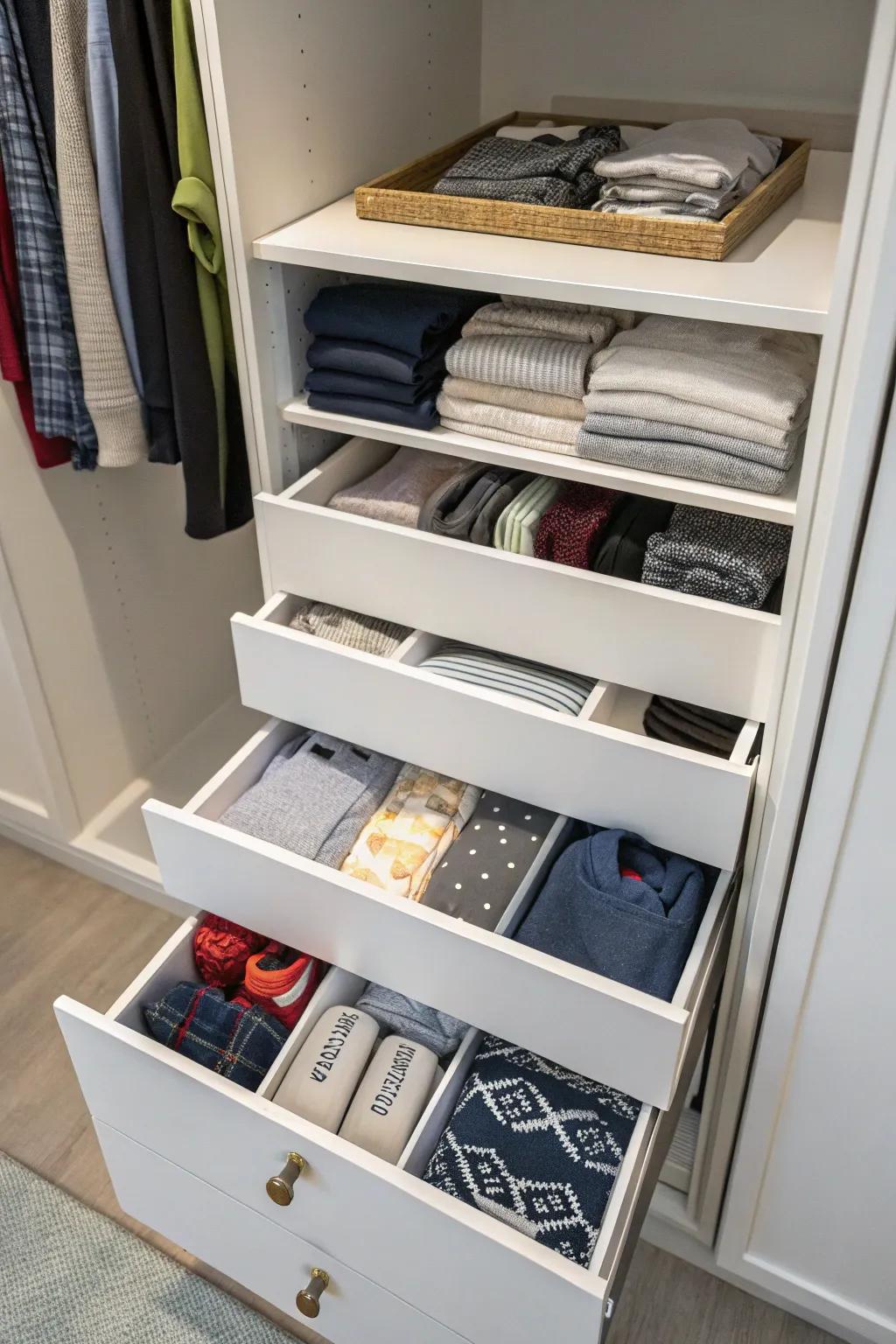 Pull-out drawers provide orderly storage for smaller items.