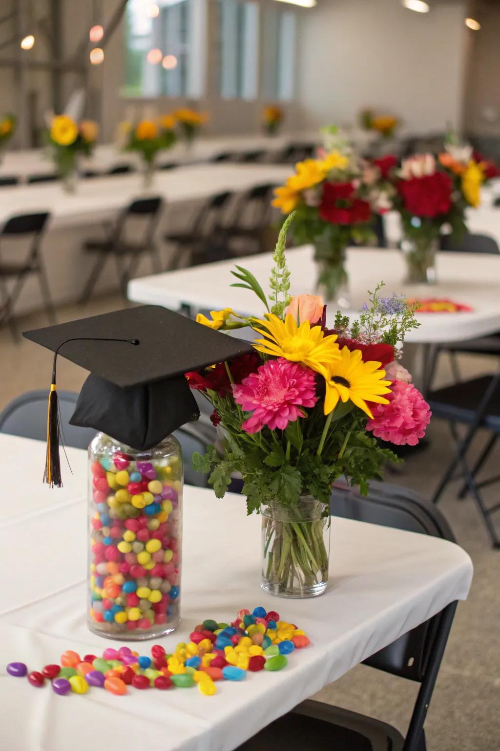 Add elegance with graduation cap centerpieces filled with surprises.