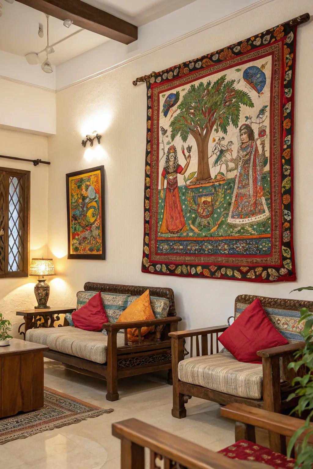 A traditional Madhubani painting adds cultural flair to any room.