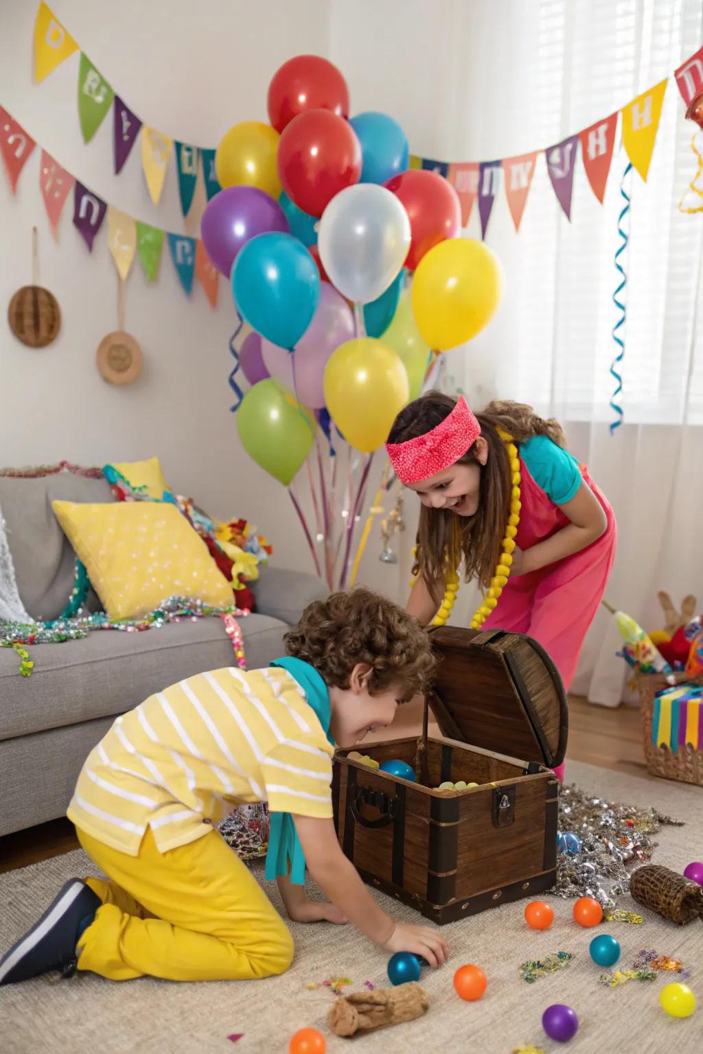 Children on a thrilling indoor treasure hunt adventure.