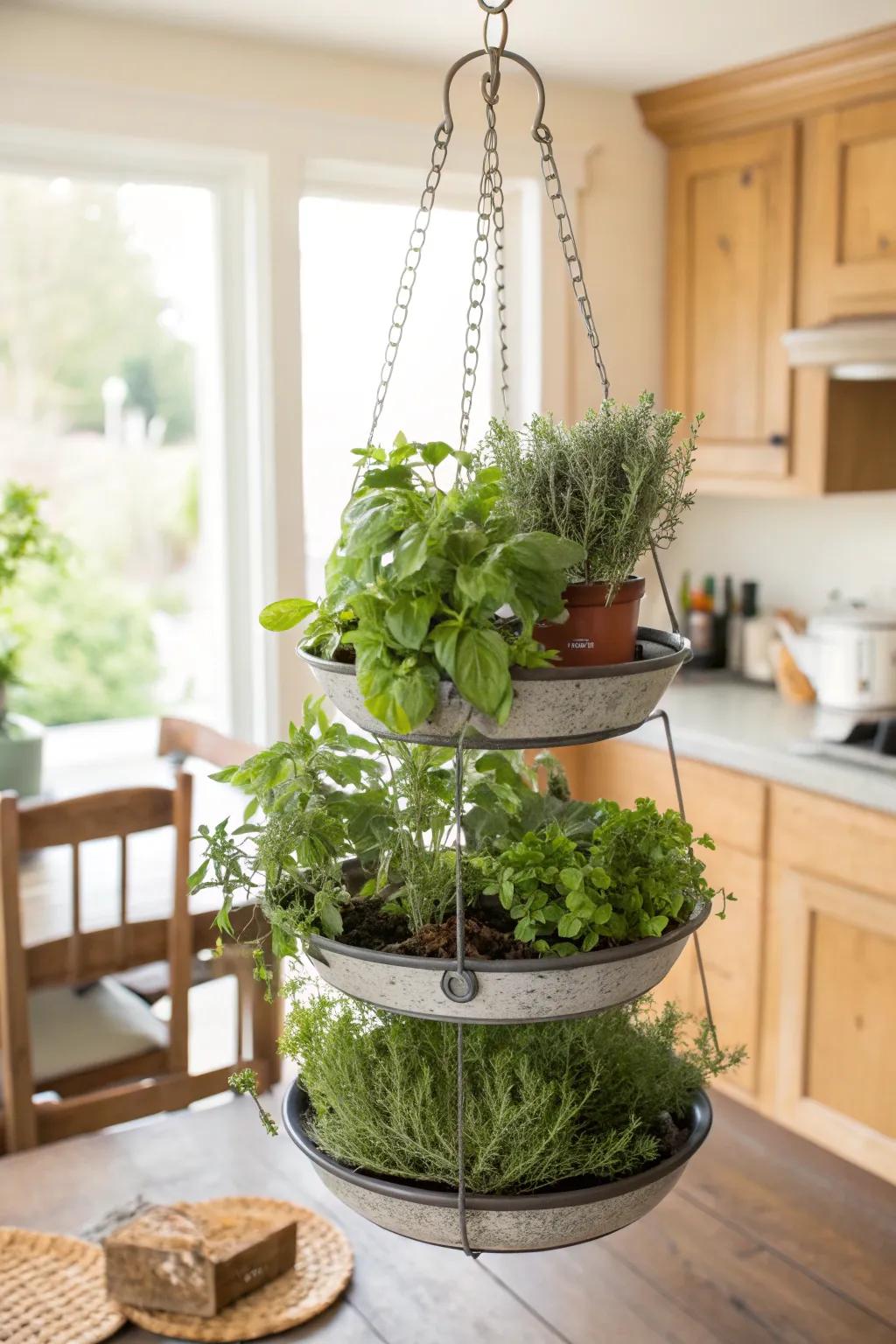 Tiered planters provide a lush, layered look without using floor space.