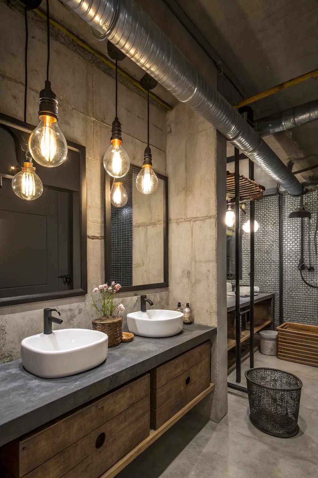 Exposed bulb lighting fixtures offer a striking industrial look.