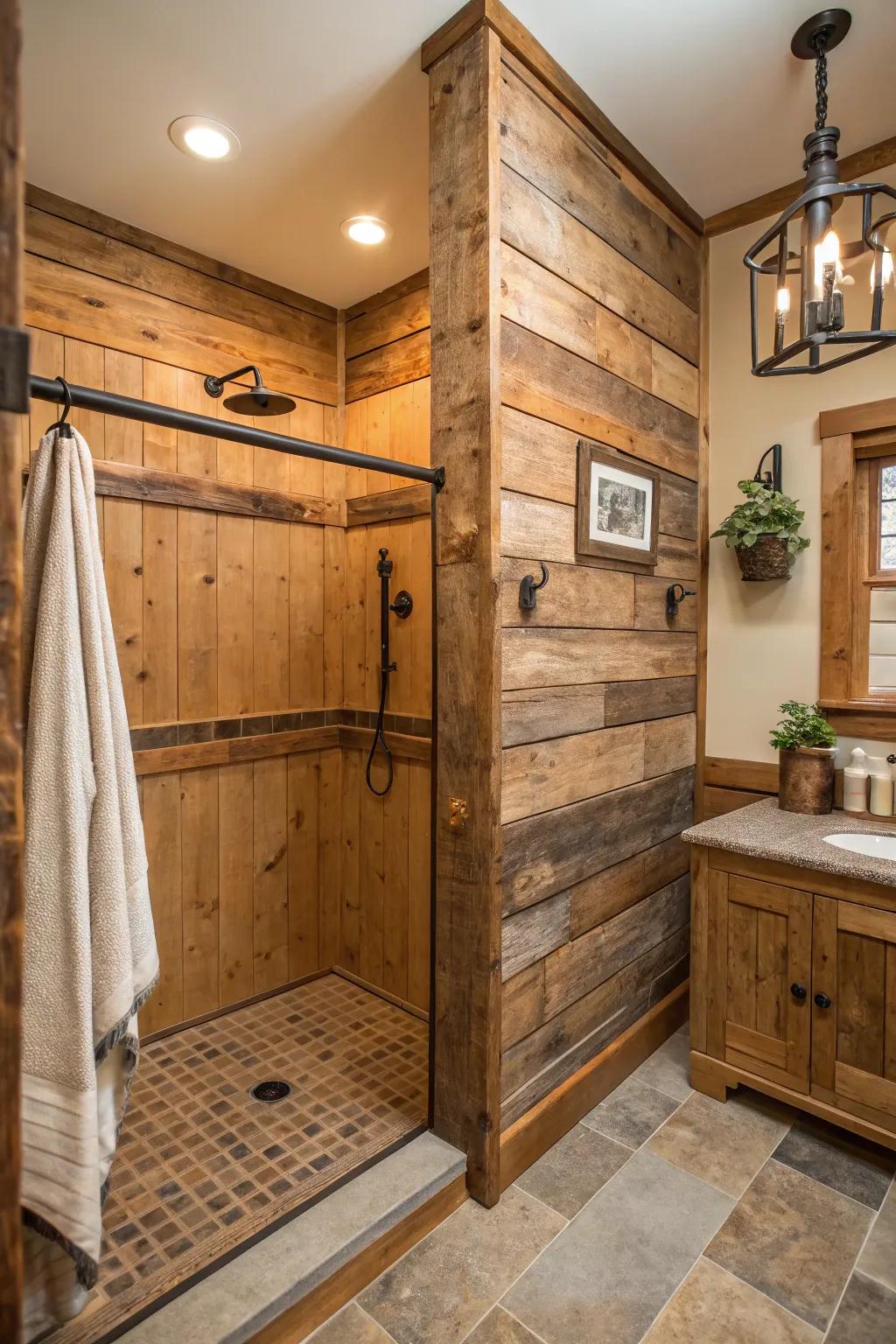 Reclaimed wood offers a unique and sustainable shower wall option.