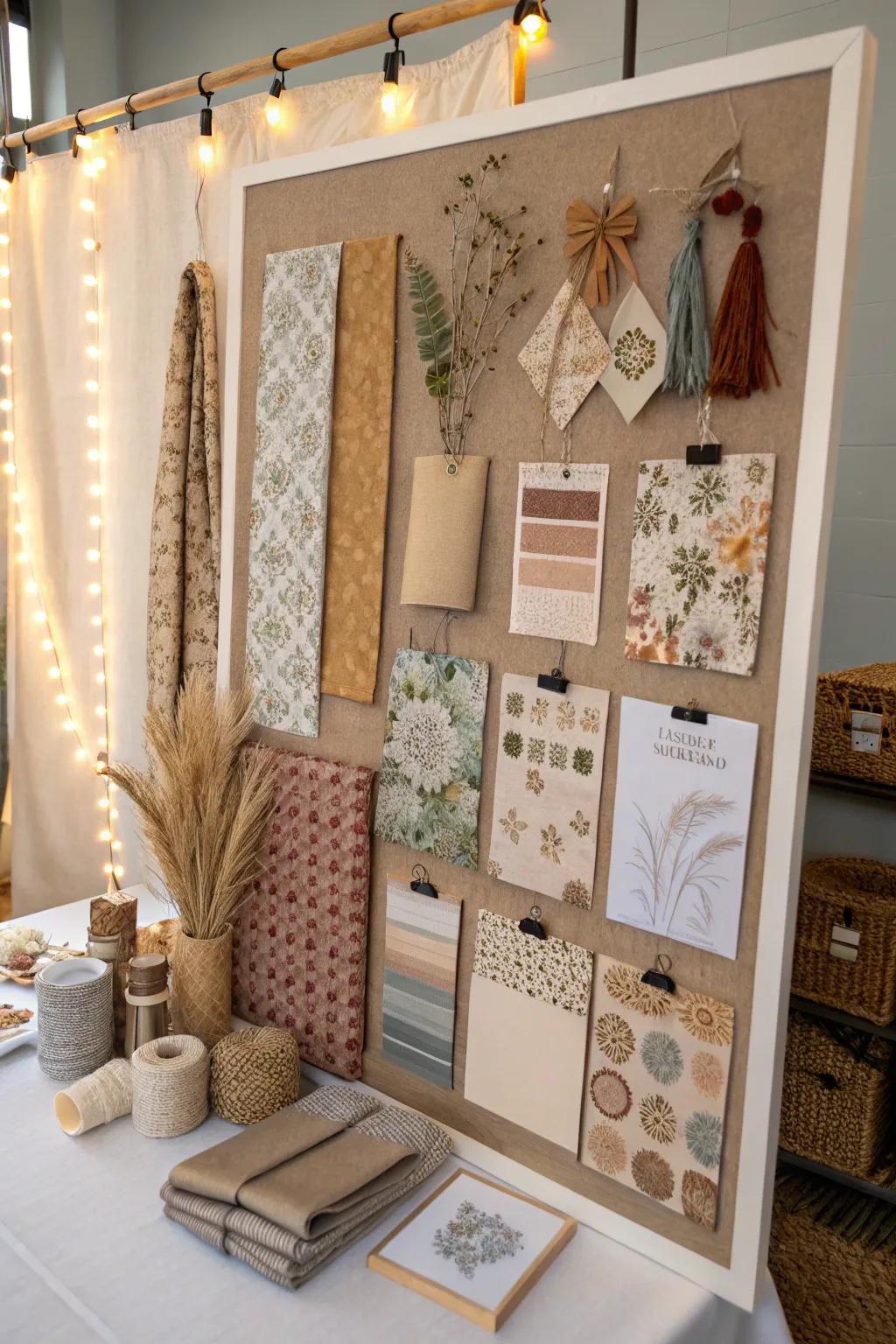 An inspiration board showcasing diverse textures with fabric swatches, ribbons, and natural materials.