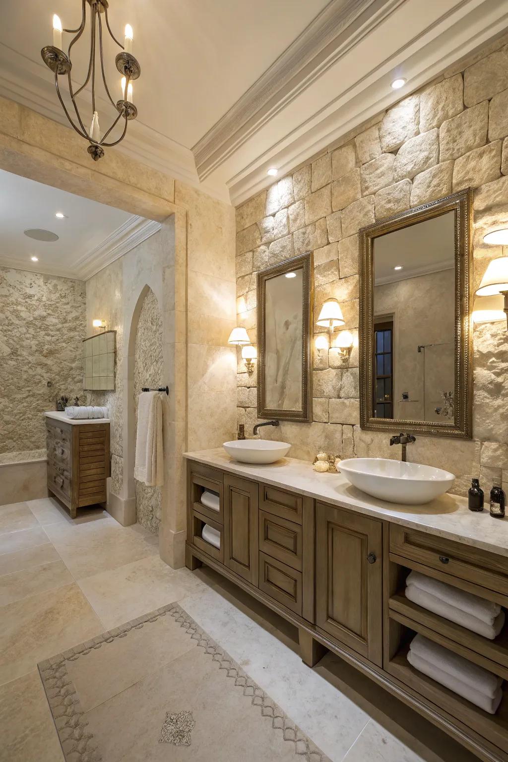 Timeless elegance with a limestone stone wall in a spa-like bathroom.