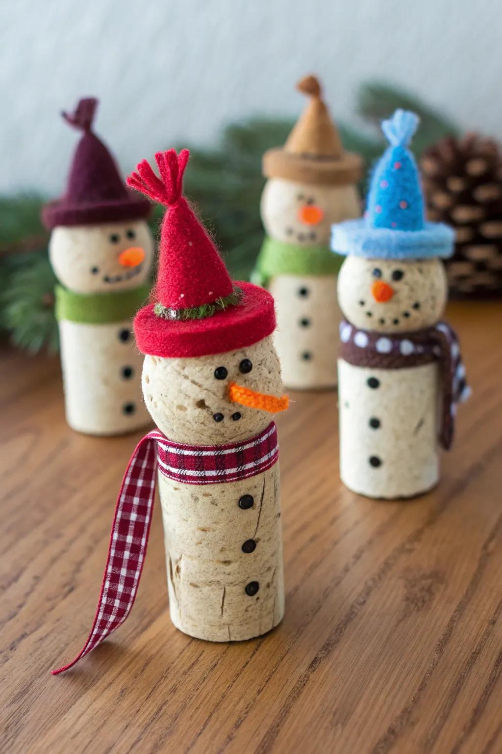 Turn your used corks into delightful snowman ornaments.