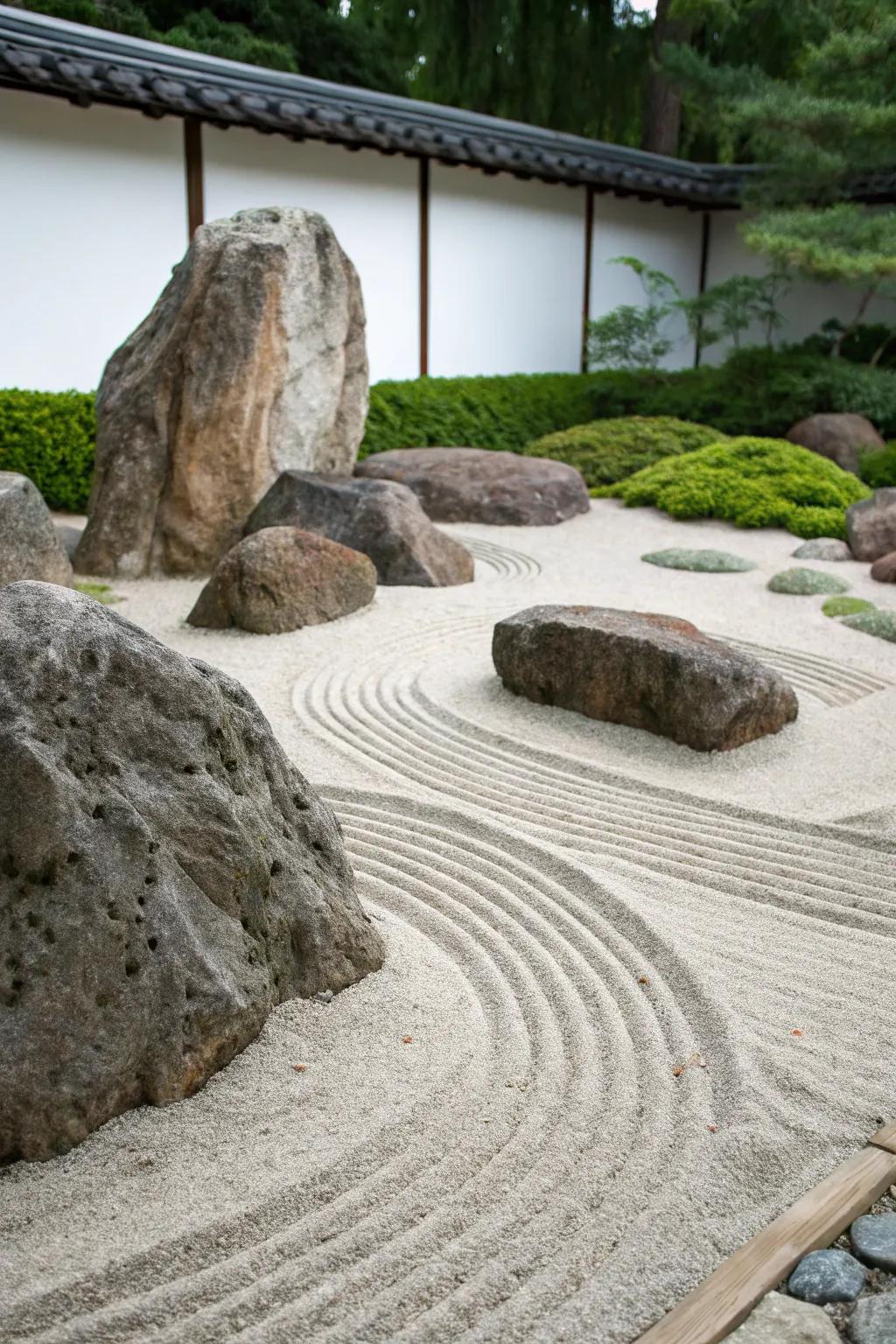 Natural elements in a zen garden creating a mountain landscape.