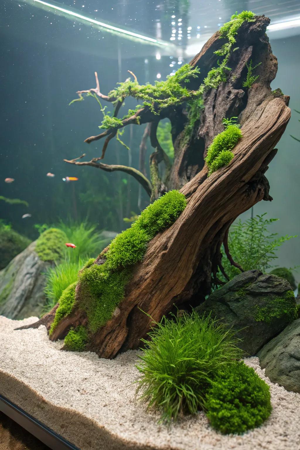 Driftwood adorned with java moss, adding character to an aquarium.