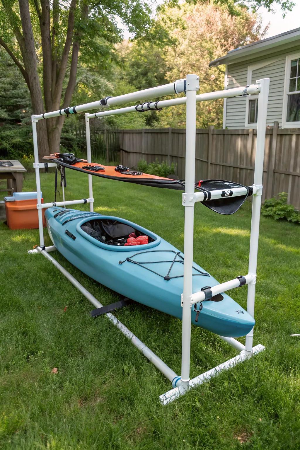 An affordable and customizable DIY PVC kayak rack.