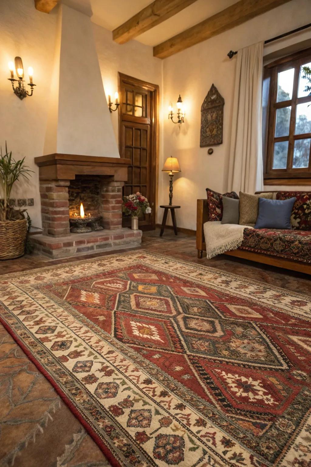 A vintage rug adds warmth and texture to this keeping room.