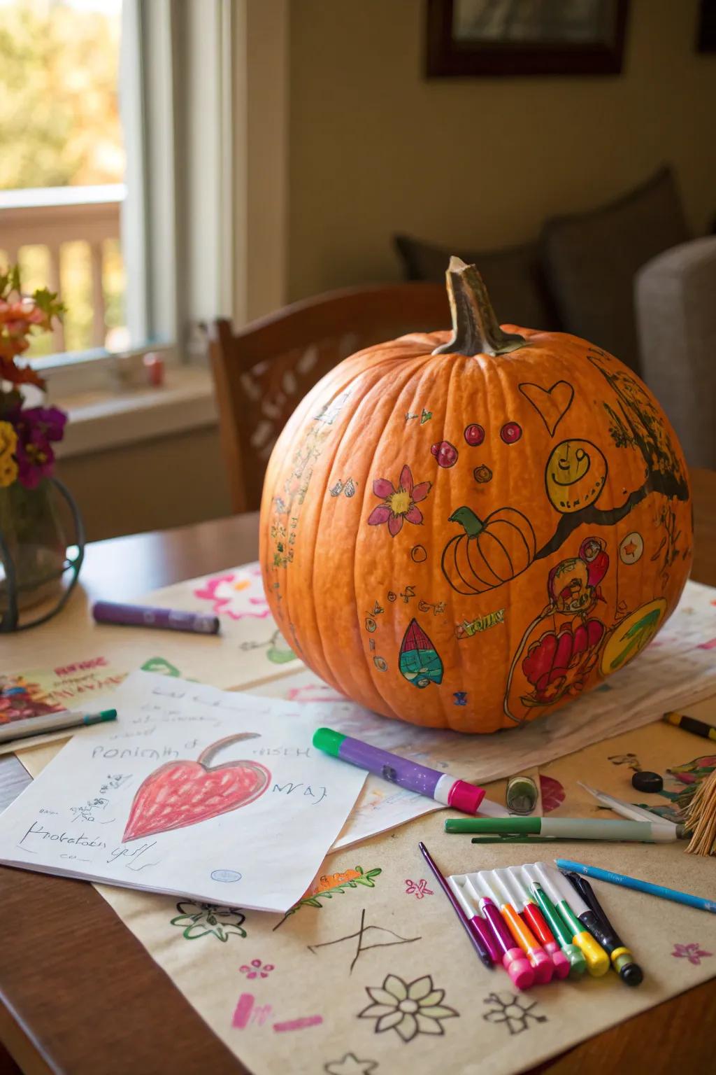 A scribble art pumpkin bursting with creativity.