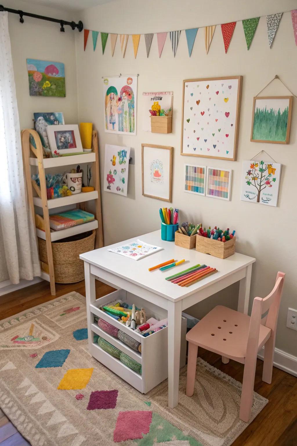 A creative nook in a bedroom, perfect for arts and crafts enthusiasts.