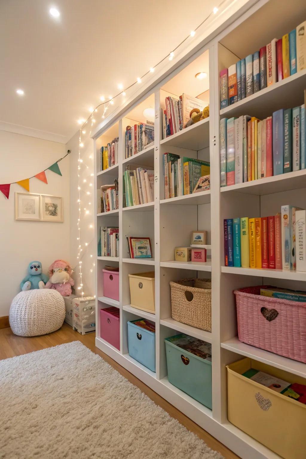 Color-coded bookshelves create a vibrant and orderly space.