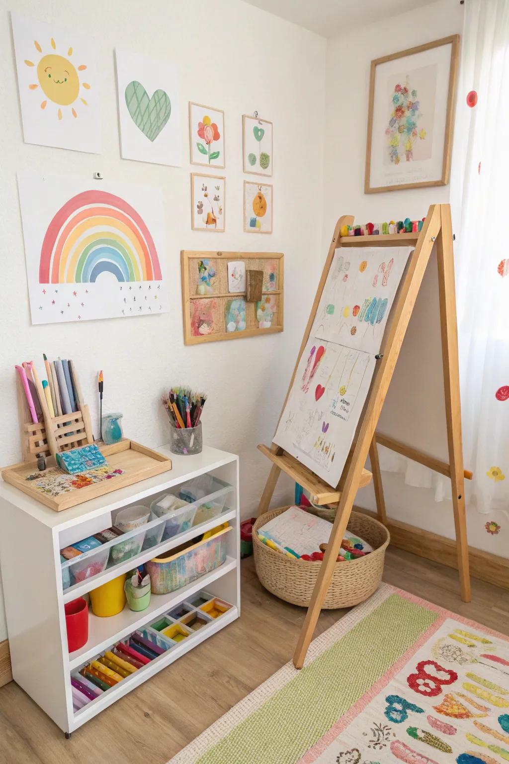 A mini art studio fosters creativity and artistic expression.